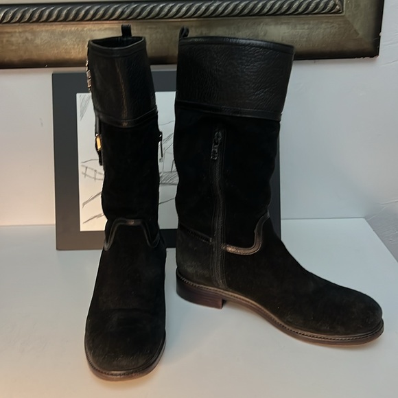 Tory Burch Boots Black Leather Suede Mid Calf Side Zip Logo Women’s Size 8.5 - Picture 6 of 16